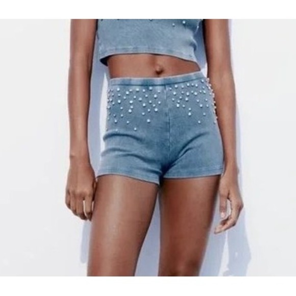 ZARA Blue Denim Rhinestone Embellished Ribbed Crop Top & Shorts Set L - Picture 1 of 9